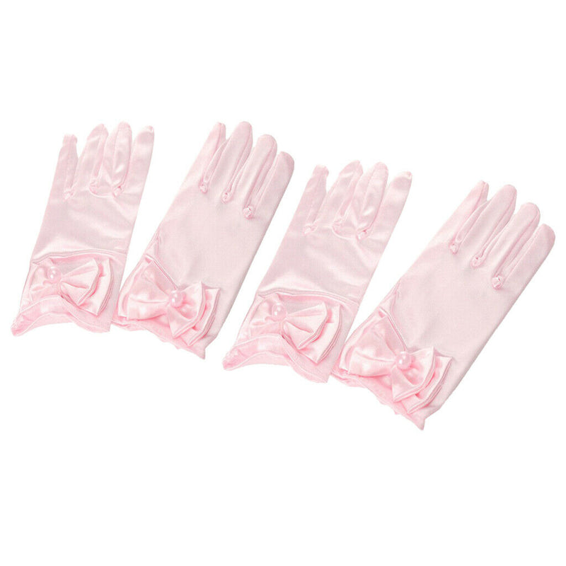 2 Pairs Girls Satin Princess Gloves Wedding Bow Party Gloves Wrist Length
