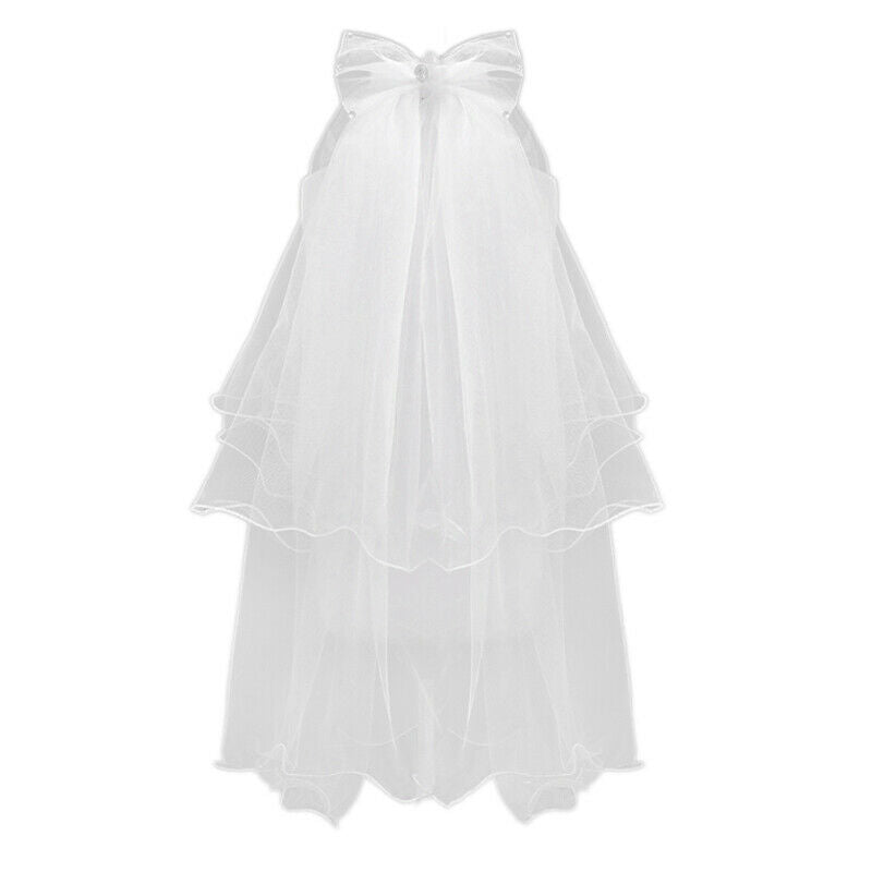 5X(Women Wedding Veil Dress White Bowknot Layers Tulle Ribbon Edge Bridal  M7H6)