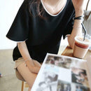 Women Bottom T-Shirt Solid Color Half Sleeve O-neck Tee Shirt (Black L)