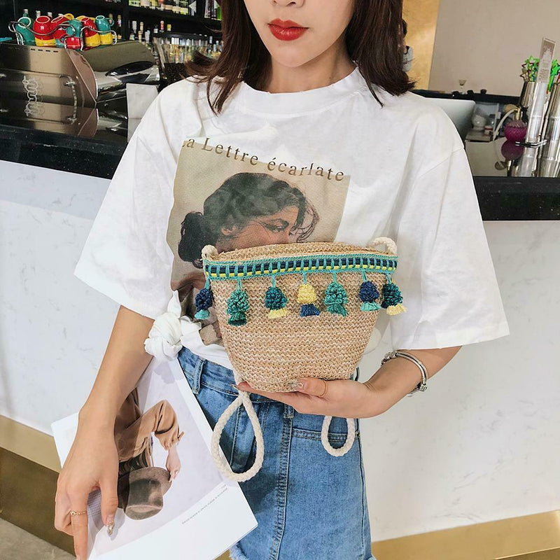 Women Tassel Shoulder Bags Straw Messenger Crossbody Beach Handbags (Green) A