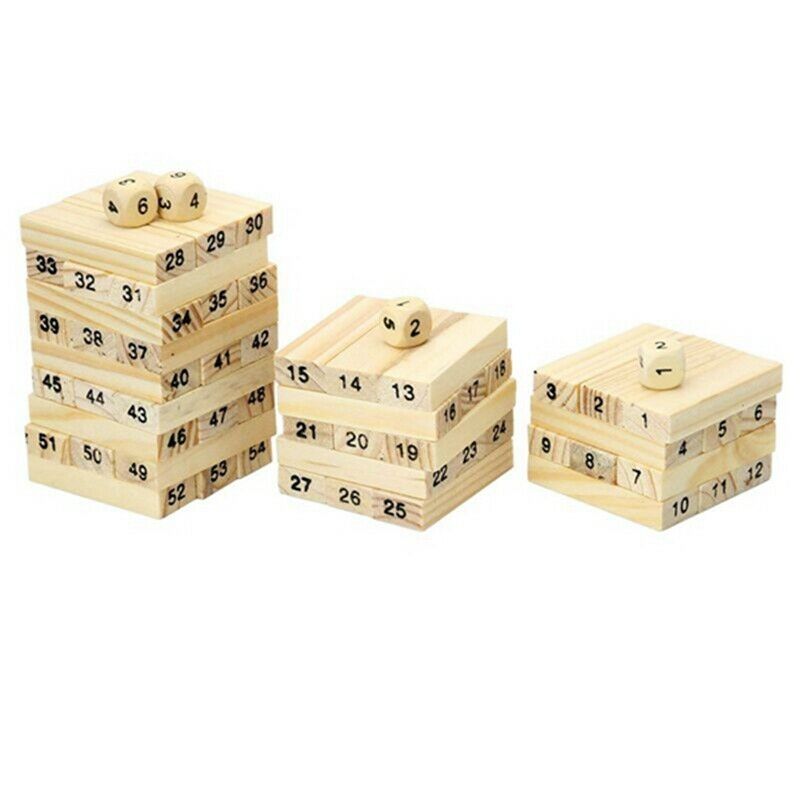 54 Pieces Wooden Block Stacking Game with Numbers and Dice E2J2