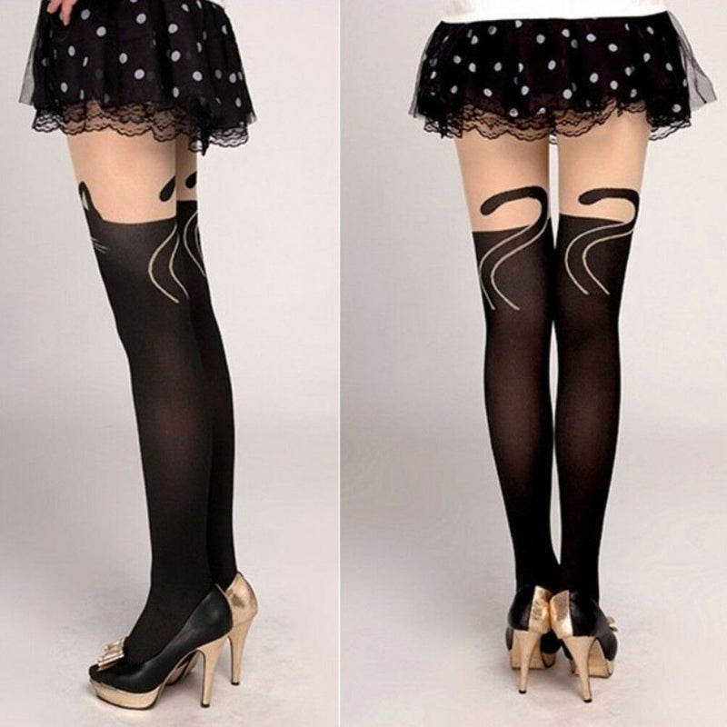 Women Sexy Cute Black Tattoo Long Socks Sheer Cartoon Cat Pantyhose Stockings Kw