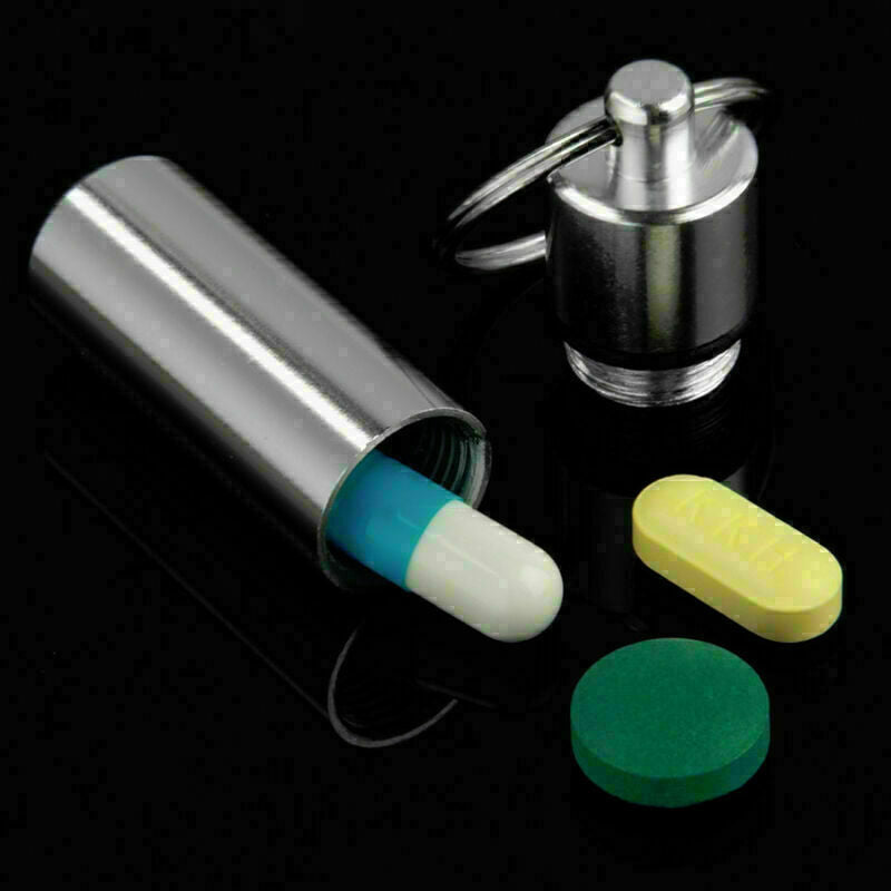 Keyring Tablets Medicine .Container Pill Box Aluminium Hol Key Drug Chain G B0Q7