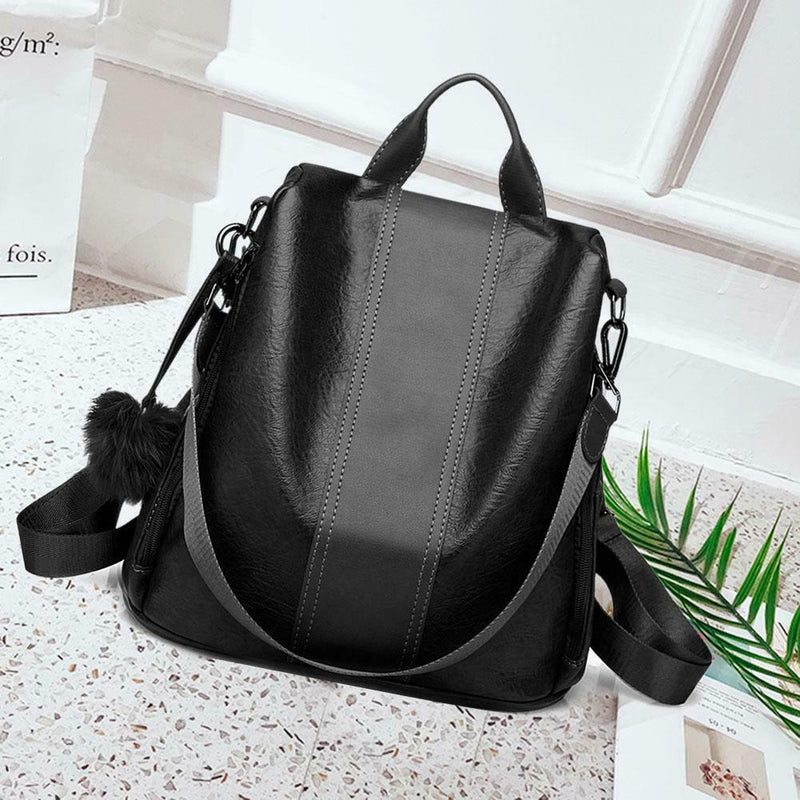 Solid Color Knapsack Women Backpacks Anti-theft PU Leather Rucksack (Black) SN9F