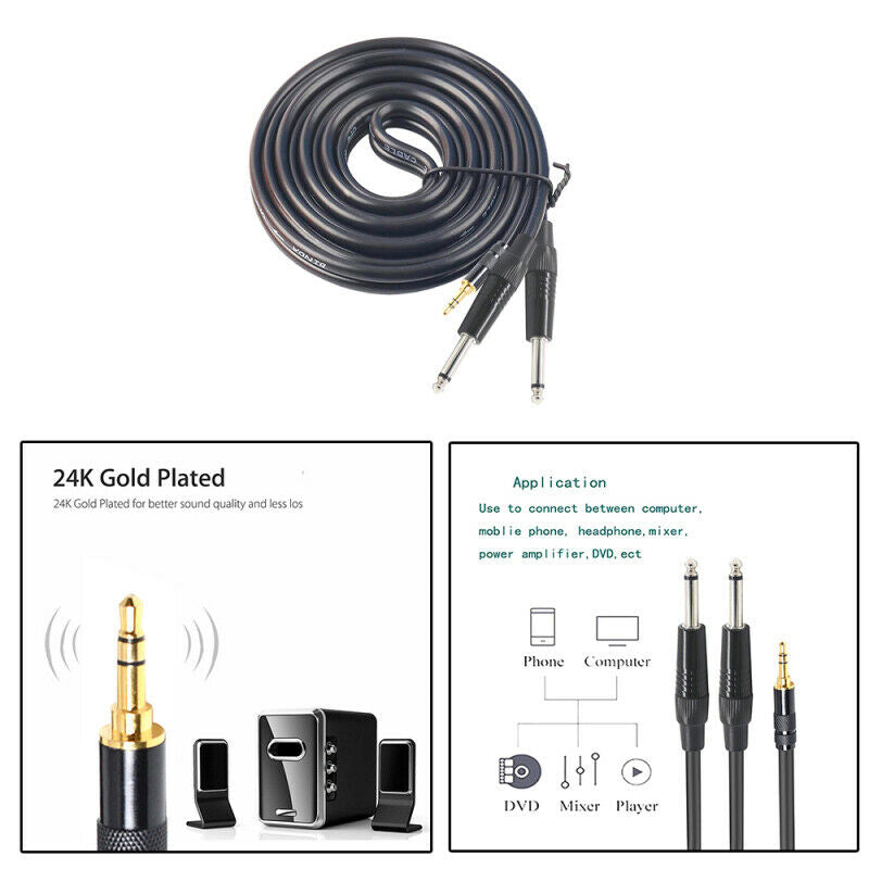 1/8" 3.5mm to Dual 6.35mm 1/4" Mono Jack Stereo Y-Splitter Headphone Audio tre