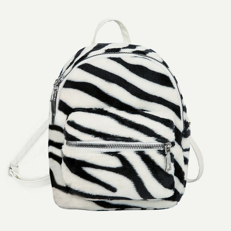 Cow Zebra Print Shoulder Schoolbag Women Girl Plush Mini Backpack (Style 1) A