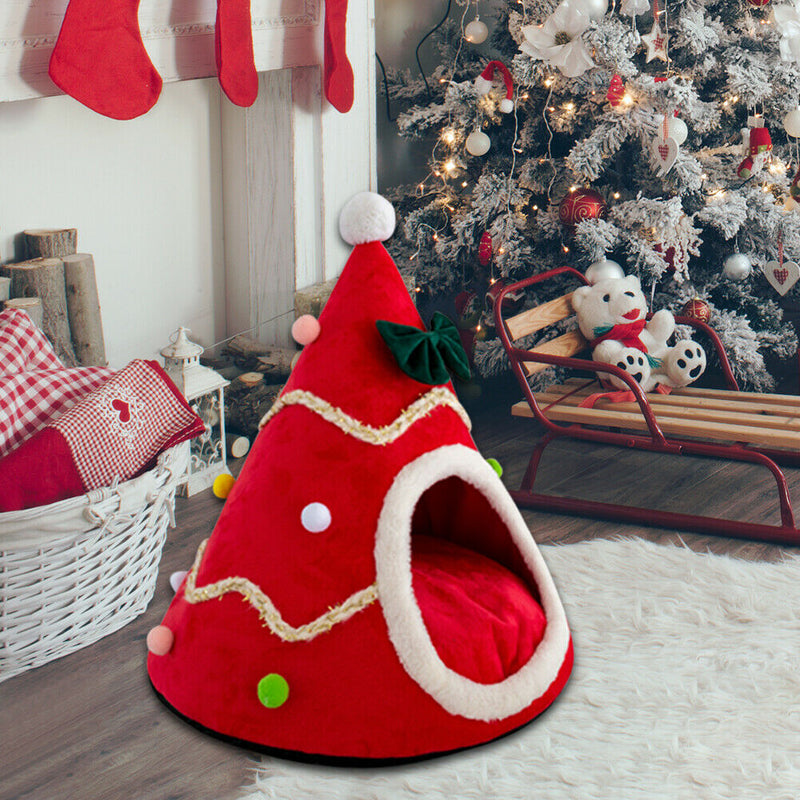 Christmas Tree Shape Dog Cat Bed House Home Warm Sleeping Bed Nest (Red)(S) A