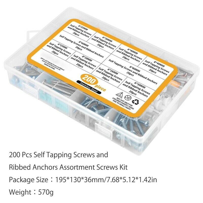 Plastic Self Drilling Drywall Ribbed Anchors Assortment with Screws Kit 200 M7Z3