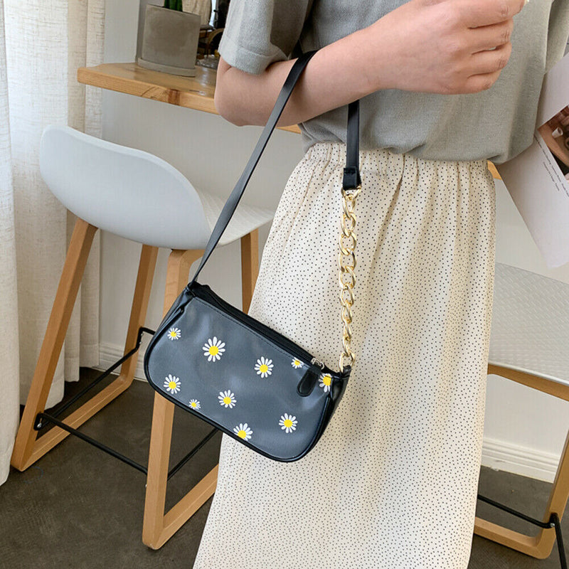 Daisy Handbag Women PU Leather Elegant Shoulder Underarm Totes Bag (Black)
