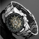 Stainless Steel Skeleton Round Dial Automatic Mechanical Men Army Watch Gift