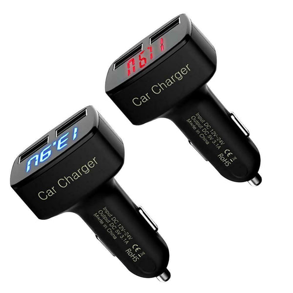 4 in 1 3.1A Dual USB Car Charger Adapter Voltmeter Celsius Red + Blue #gib