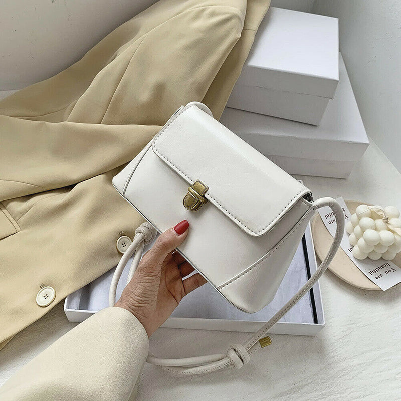 Women Solid Color Shoulder Bag PU Leather Tote Messenger Handbag (Beige)