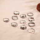 11pcs/set Flower Hollow Moon Leaves Ring Rhinestone Knuckle Rings Jewelry