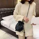 Shoulder Bucket Handbag Women PU Leather Drawstring Crossbody Bag (Black)