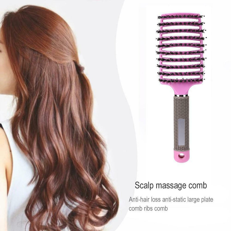 Scalp Massage Bristle Hair Comb Curly Straight Anti Static Hairbrush (Pink)