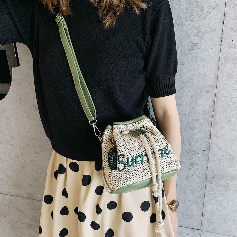 Leaf Decor Shoulder Handbags Women Straw Drawstring Crossbody Bags (Green)