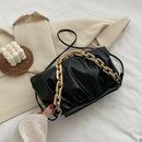 Women Pleated Shoulder Bag Chain Totes PU Cloud Messenger Handbag (Black)