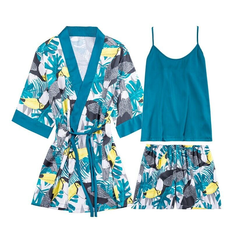Women Satin Pajamas Faux Silk Silky Pajama Set Elegant Robe 3pcs Suspender  H8C7