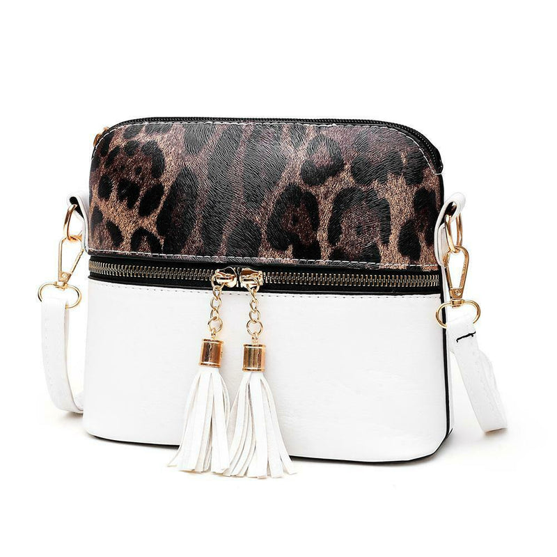 Leopard Hit Color Messenger Bag Women PU Leather Shoulder Handbag (White)