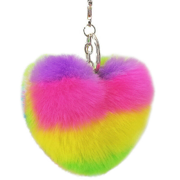 Rainbow Heart Key Chain  Pompom Ball Keychain Fluffy Bag Keyring Xmas Gift â„–#