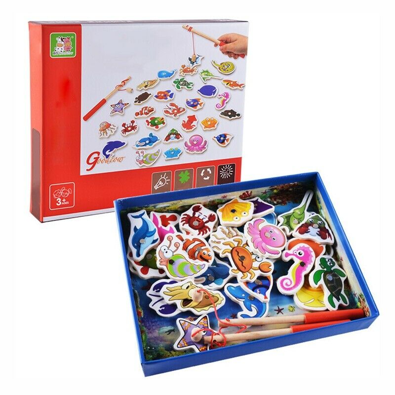 32Pcs Baby Educational Toys Magnetic Wooden Fishing Toys Set Fish Game Educ P2N2
