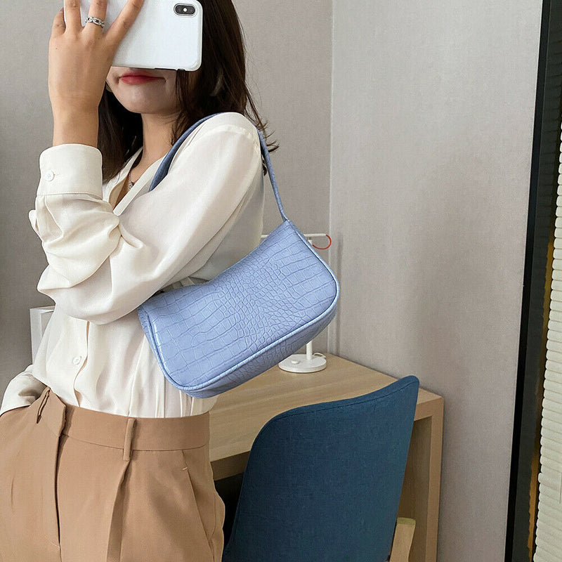 Retro Alligator PU Leather Handbag Women Casual Totes Shoulder Bag (Blue)