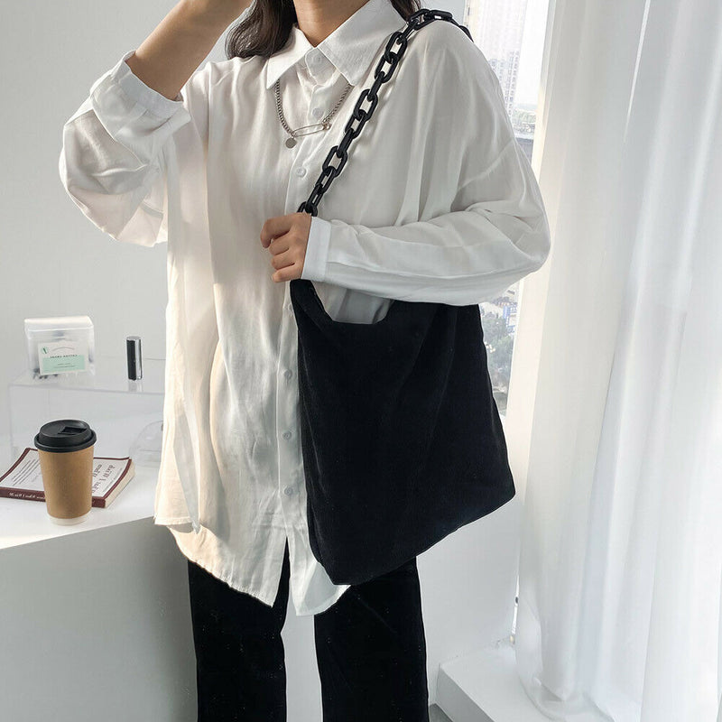 Fashion Corduroy Handbag Chain Totes Lady Shoulder Shopping Bag (Black)