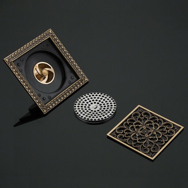 Flower Carved Art Square Bathroom Floor Drain Copper Deodorant Floor Drain  Q1Q5