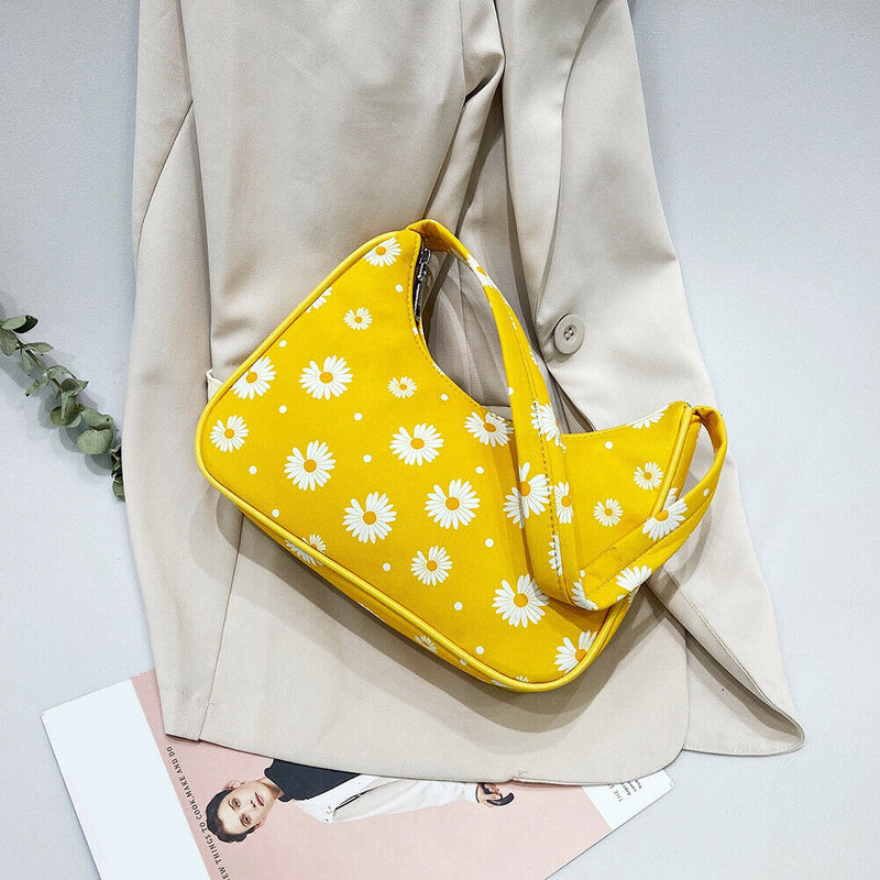 Women Flower Daisy Handbag Nylon Casual Underarm Shoulder Tote Bag (Yellow)