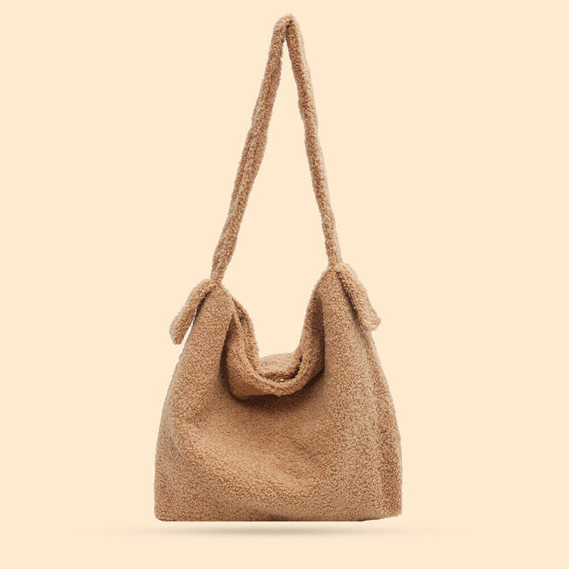 Plush Women Shoulder Messenger Bag Solid Big Capacity Shoulder Tote (Khaki)