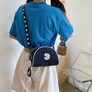 Women Canvas Crossbody Bag Semicircle Shoulder Flower Sling Handbag (Black)