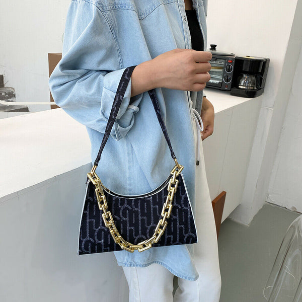 Casual Printed Women Handbag Totes PU Chain Underarm Shoulder Bags (Black) A#S