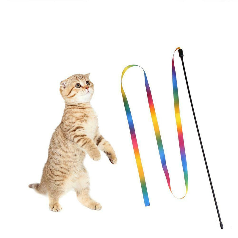 Rainbow Cloth Ribbon Tease Cats Rod Pets Kitten Interactive Scratching Toys 1pc