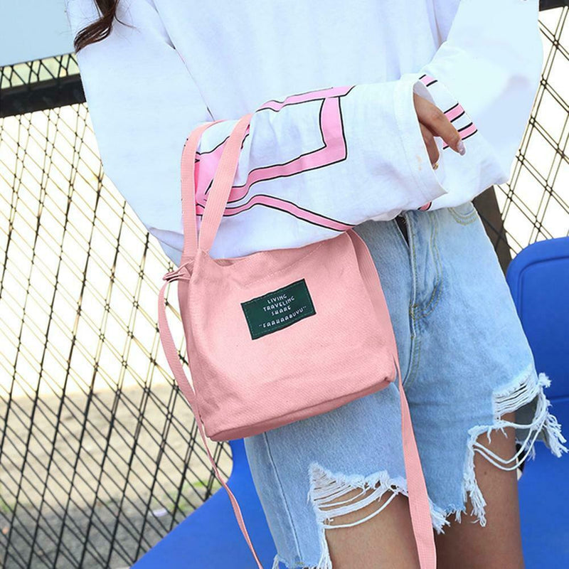 Letter Print Shoulder Bucket Handbags Women Canvas Crossbody Bags (Pink)