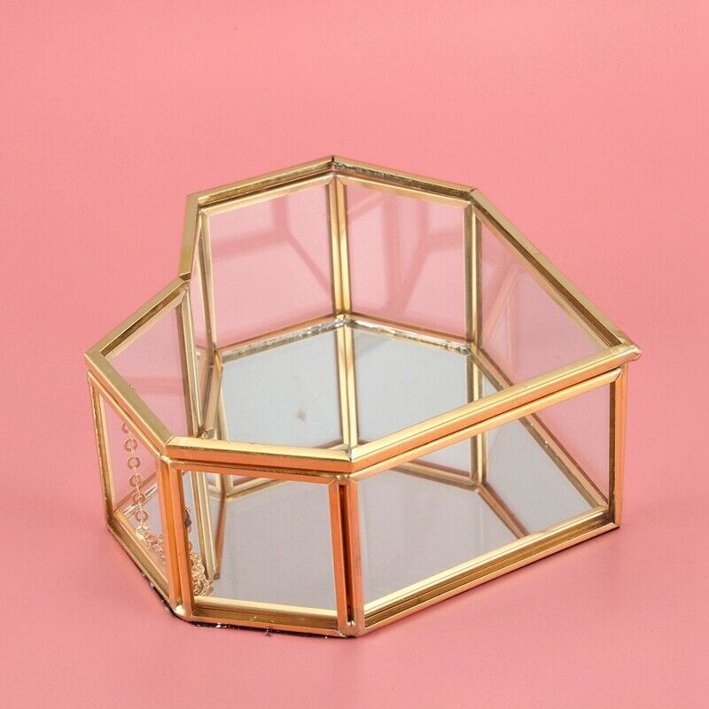 Flip Love Heart Shaped Geometric Glass Jewelry Box Glass Ring Box Exquisite T6N3