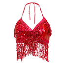 Womens Glitter Sequin Tassel Halter Crop Top Latin Belly Dancing Bra Top Red
