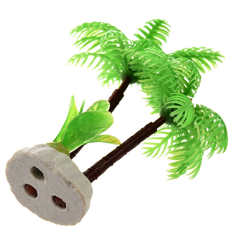 Fish Tank Emulational Mini Coconut Tree Water Plants Decor w Ceramic Base Y6W6