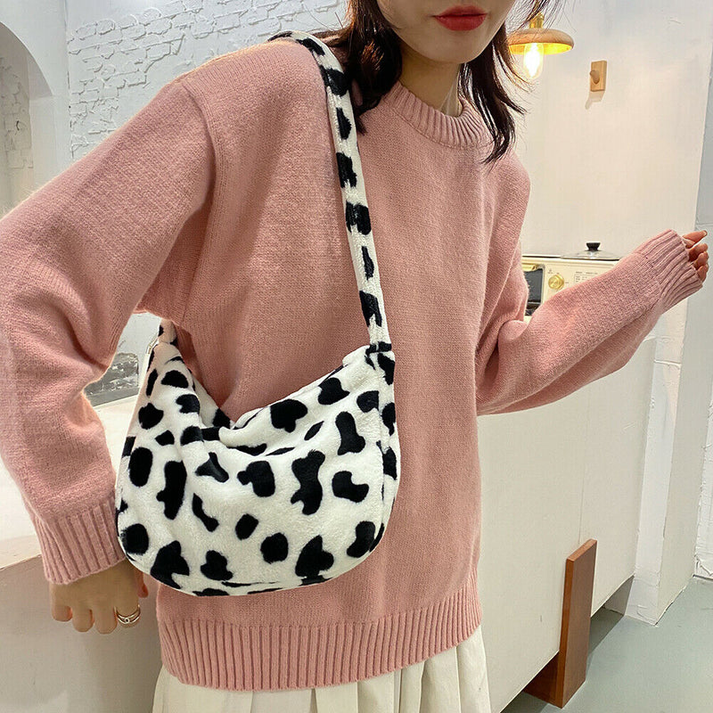 Casual Cow Printed Handbag Women Shoulder Crossbody Bag Plush Dumpling Tote