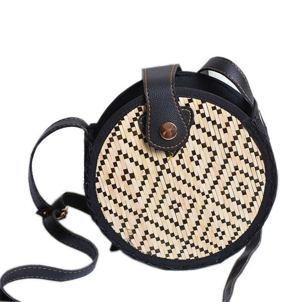 Pattern Hand-Woven Round Rattan Beach Single-Shoulder Cross-Body Bags NaturaB8L9
