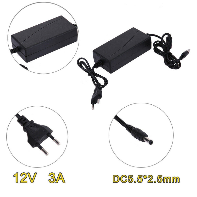12V 3A AC to DC Power Adapter Dual Cable Converter Universal 5.5x2.1-2.5mm