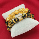 Feng Shui Black Bead Alloy Wealth Bracelet with Golden Pixiu Charms Jewelry Gift