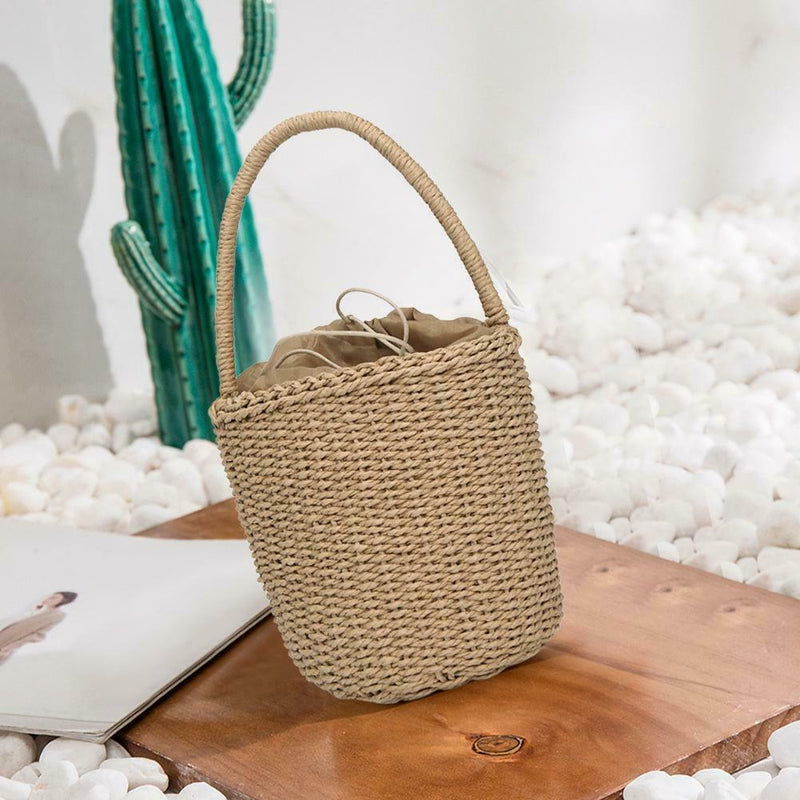 Straw Weaving Shoulder Bucket Handbags Women Top-handle Bags (Light Brown) A