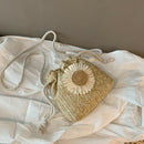 Women Straw Bucket Shoulder Bags Flower Drawstring Crossbody Pouch (Khaki)
