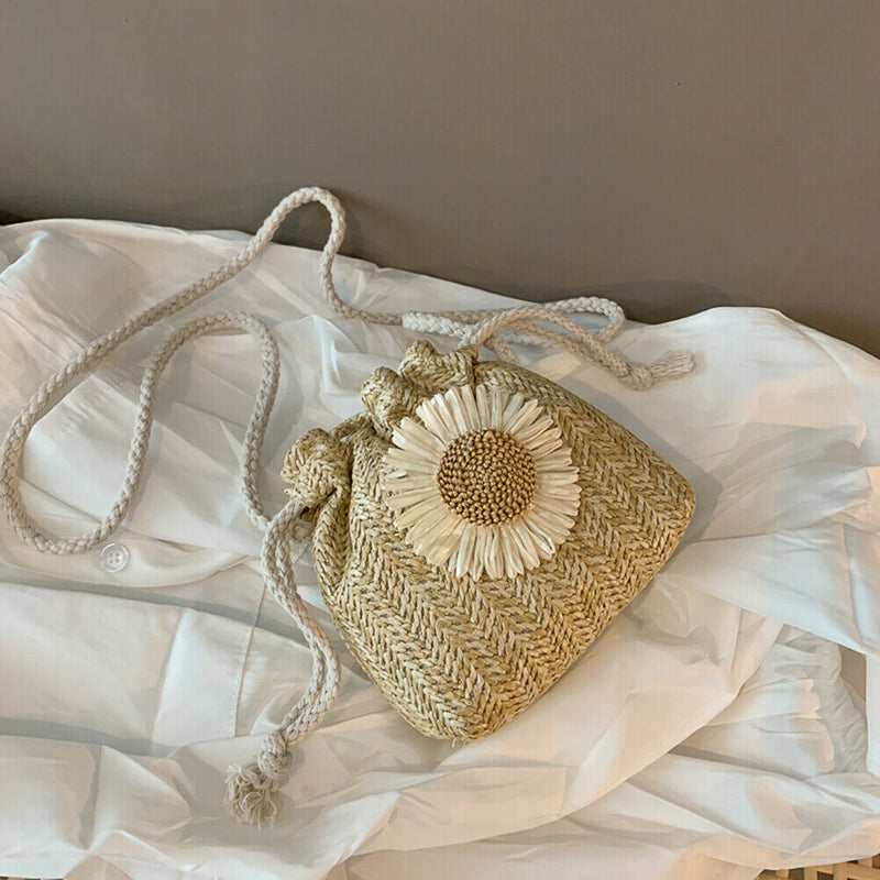 Women Straw Bucket Shoulder Bags Flower Drawstring Crossbody Pouch (Khaki)