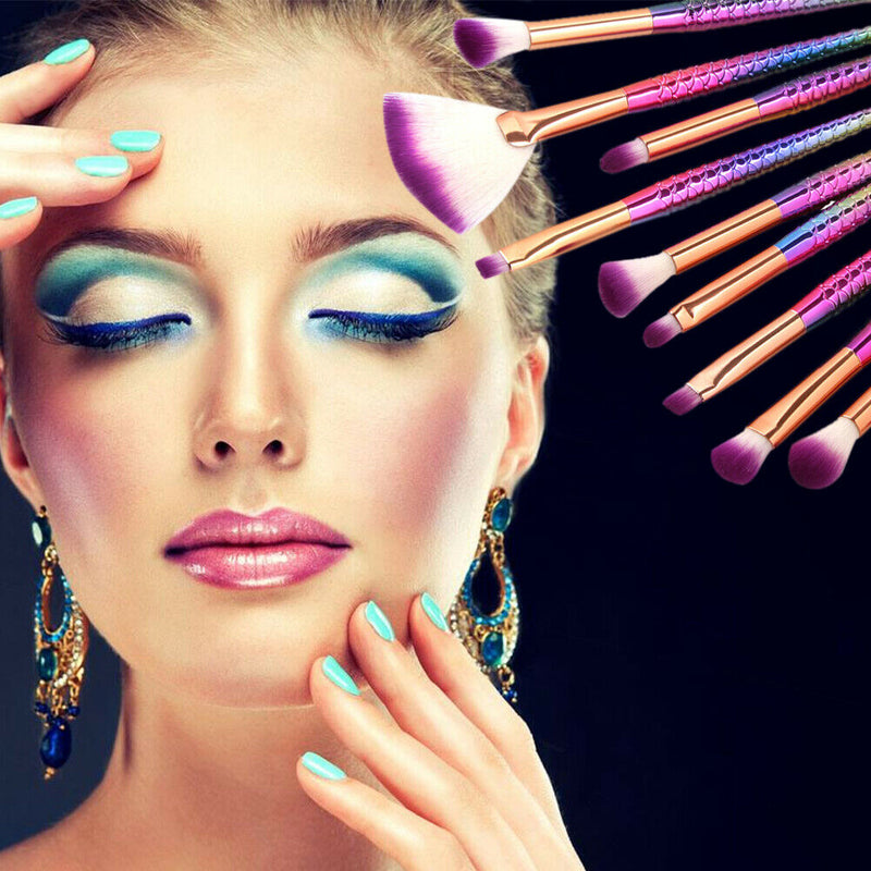 10pcs Fish Tail Foundation Powder Eyeshadow Eyeliner Makeup Brush(Colorful) A