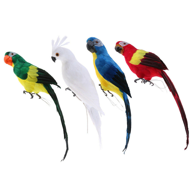 Set of 4 Feathered Realistic Parrot Home Garden Birds Decor Ornament