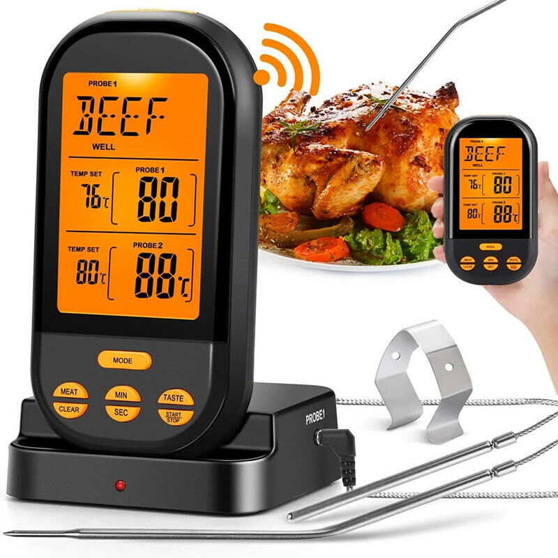 Wireless Remote Dual Probe Digital Meat Thermometer w/2 Probe For BBQ Oven Grill
