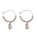 Shell Pendant Hoop Earrings Women Wooden Bead Drop Earrings Jewelry (White) A