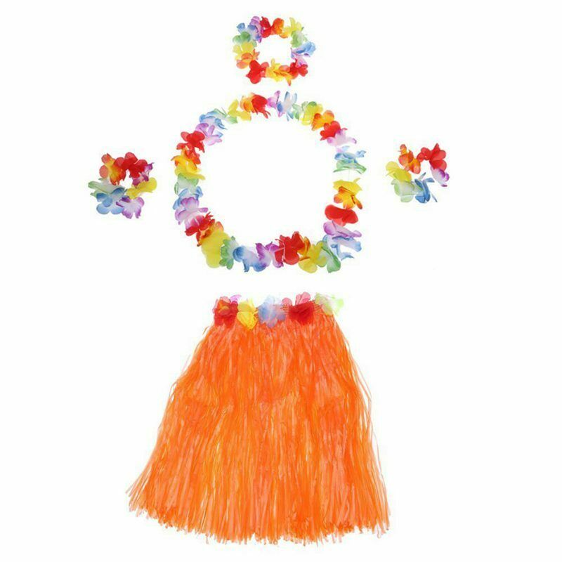 5Pcs New Hawaii Hula Skirt Set Handmade Grass Skirts Orange F6W1