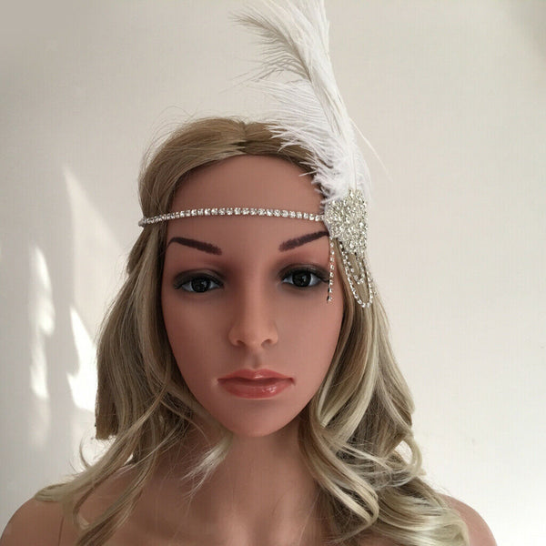 White Feather Flapper Headband w/Tassel 1920s Great   Bridal Headpiece